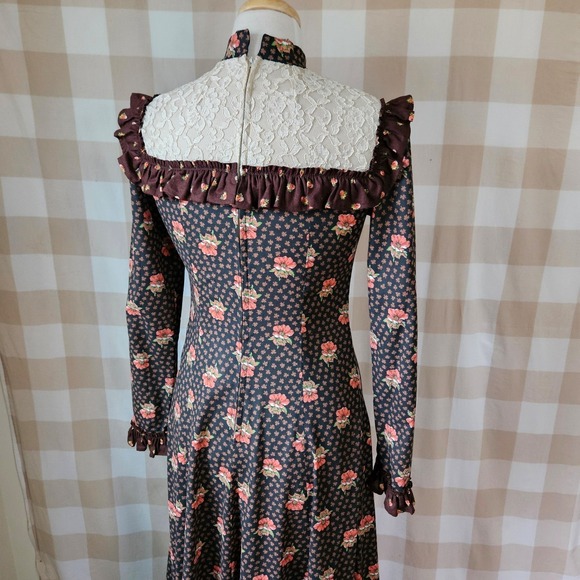 Vtg 60s 70s Hippie Brown Floral Prairie Maxi Dress Lace Ruffles Romantic Boho S - Picture 6 of 8